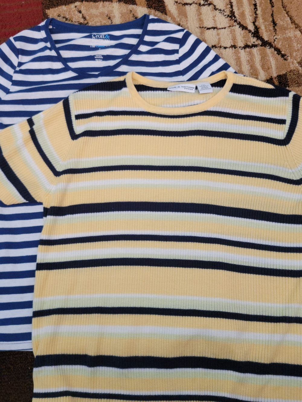 croft & barrow Navy and White Striped Tee with Yellow Accent Sleeve